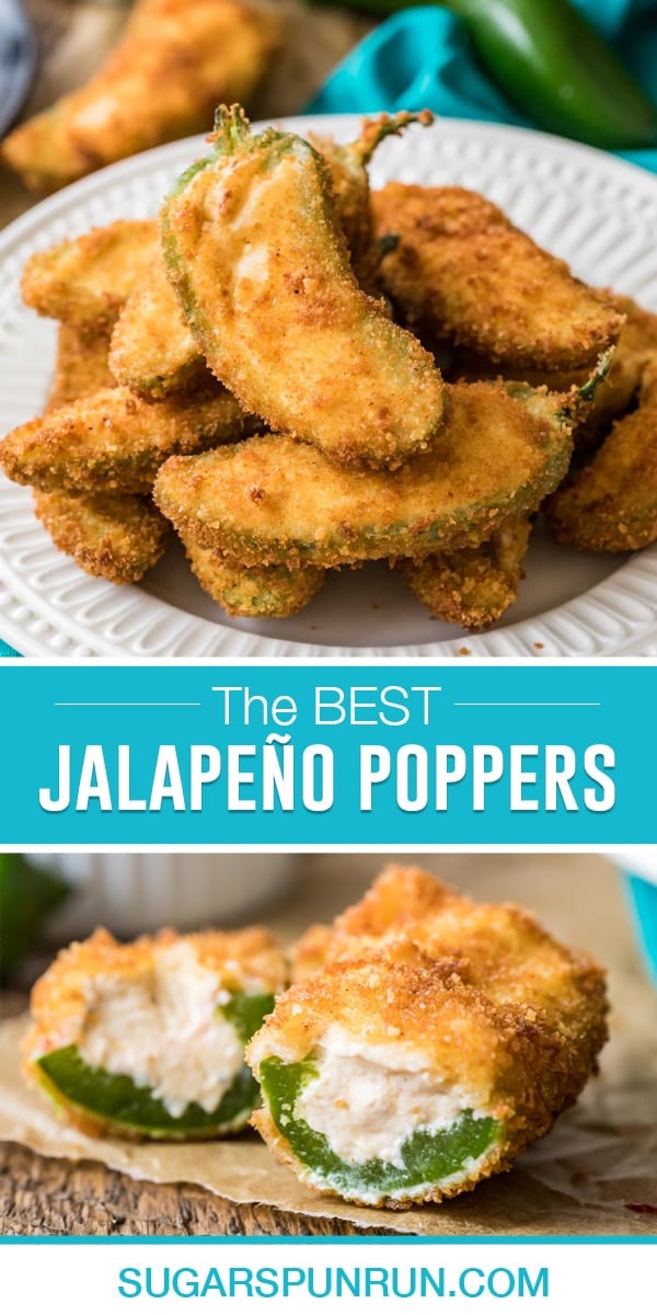collage of jalapeno poppers, top image of multiple poppers on white plate, bottom image of one cut open, photographed close up