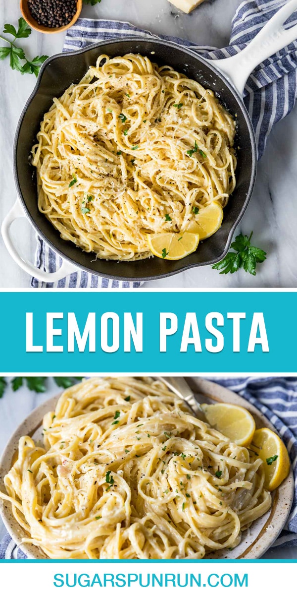 collage of lemon pasta, top image of lemon pasta in pan photographed from above, bottom image is a close up of pasta in serving bowl