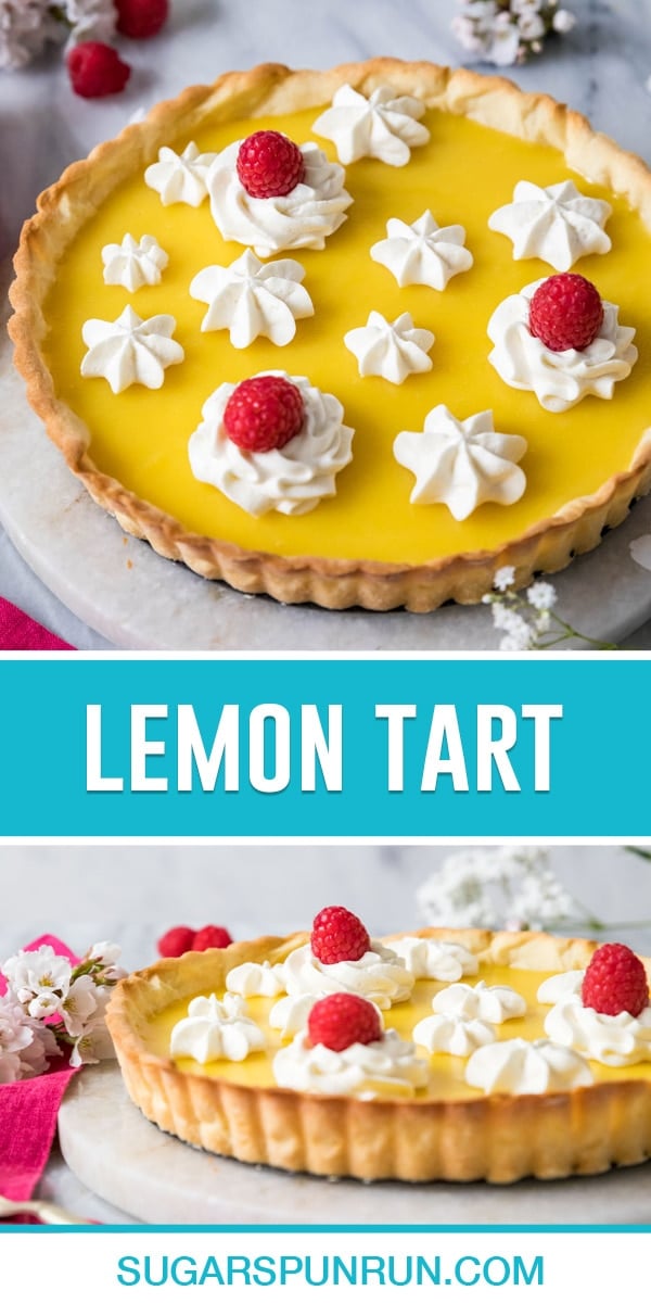 collage of lemon tart, top image of full tart close up, bottom image photographed from its side