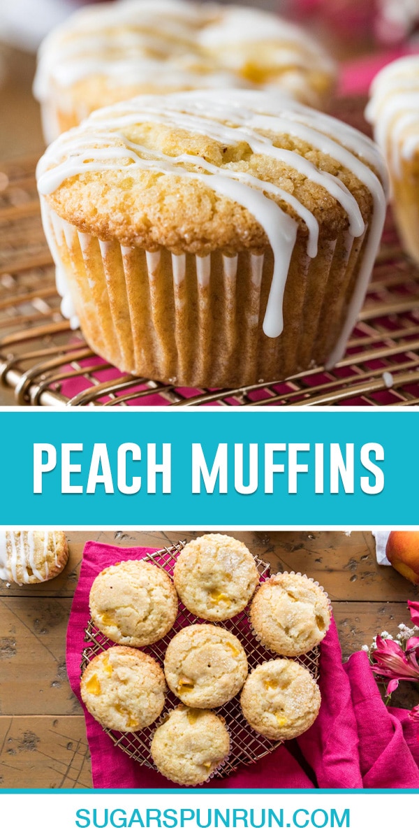 collage of peach muffins, top image of single muffin close up, bottom image of multiple muffins on gold wire cooling rack