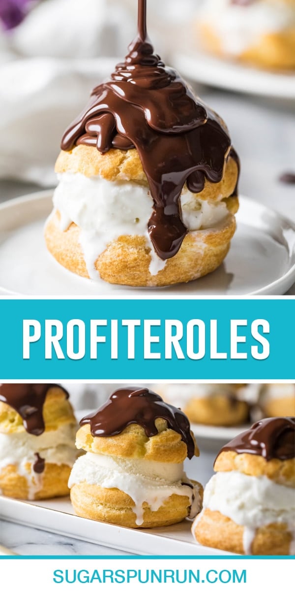 collage of profiteroles, top image is a close up with chocolate sauce being poured on top of it, bottom image of three nicely placed side by side.