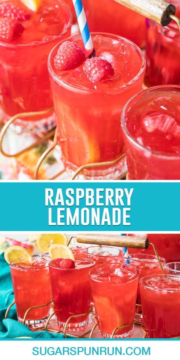 collage of raspberry lemonade, top image is a close up of on glass with blue and white straw, bottom image of multiple glasses nicely placed side by side