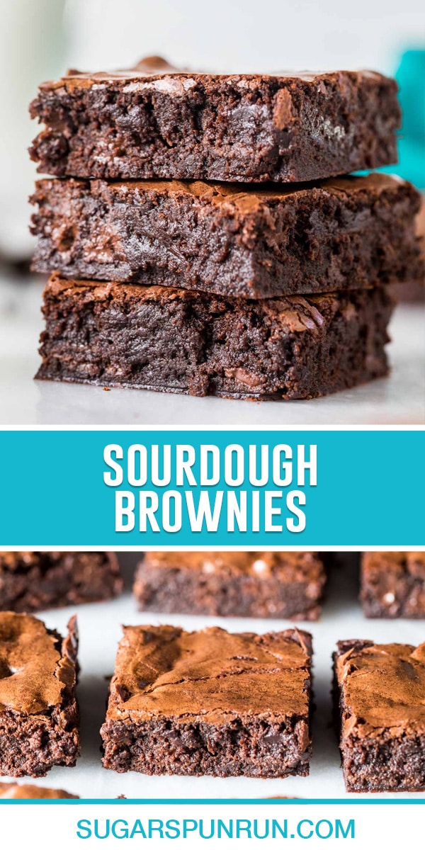collage of sourdough brownies, top image of three brownies stacked and photographed close up, bottom image of multiple brownies nicely placed and spread out on slab