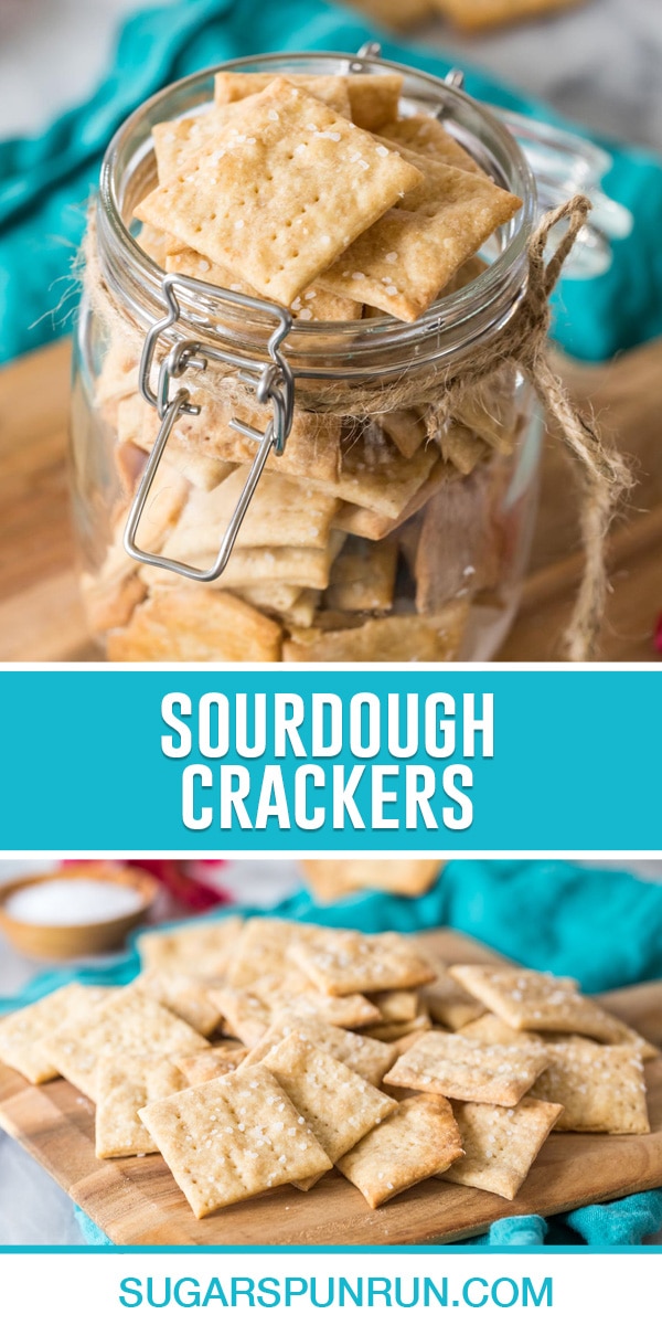 collage of sourdough crackers, top image of crackers in clear glass jar, bottom image of multiple crackers placed on wood serving tray