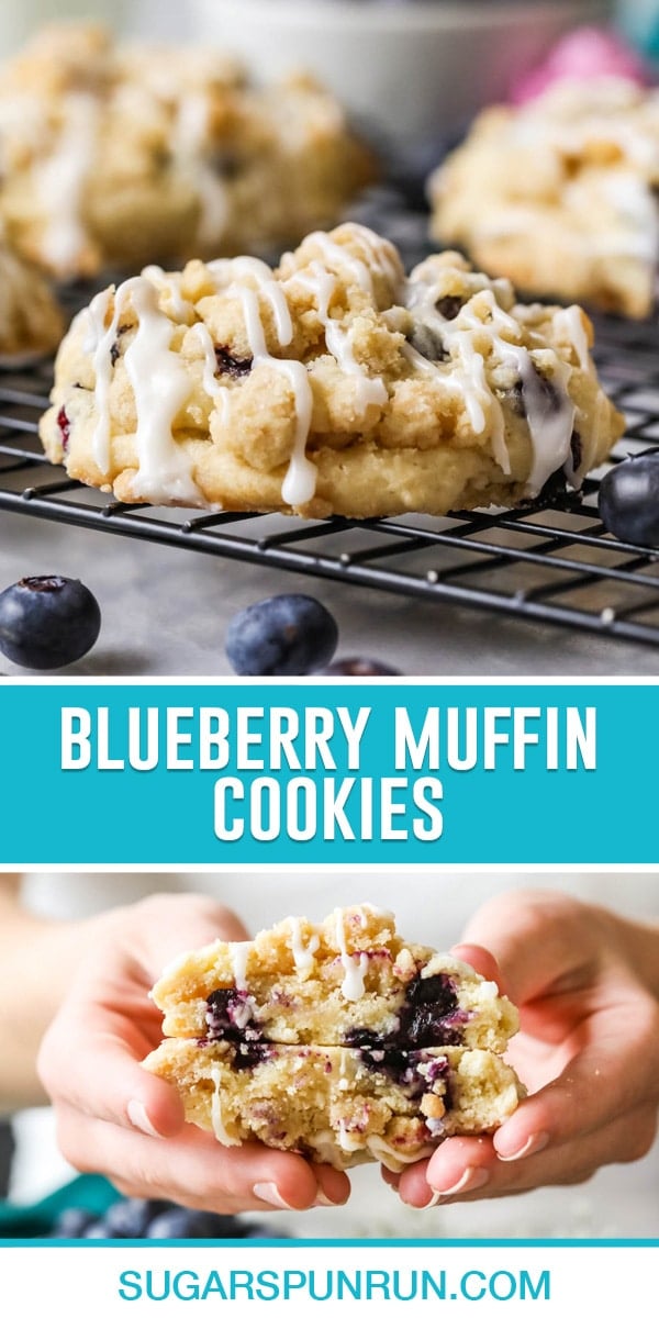 collage of blueberry muffin cookies, top image is a close up of cookie on cooling rack, bottom image of cookies broken in half being held to view inside