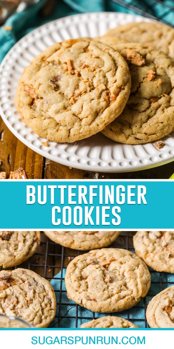 collage of butterfinger cookies, top image of multiple cookies on white plate, bottom image of cookies on cooling rack