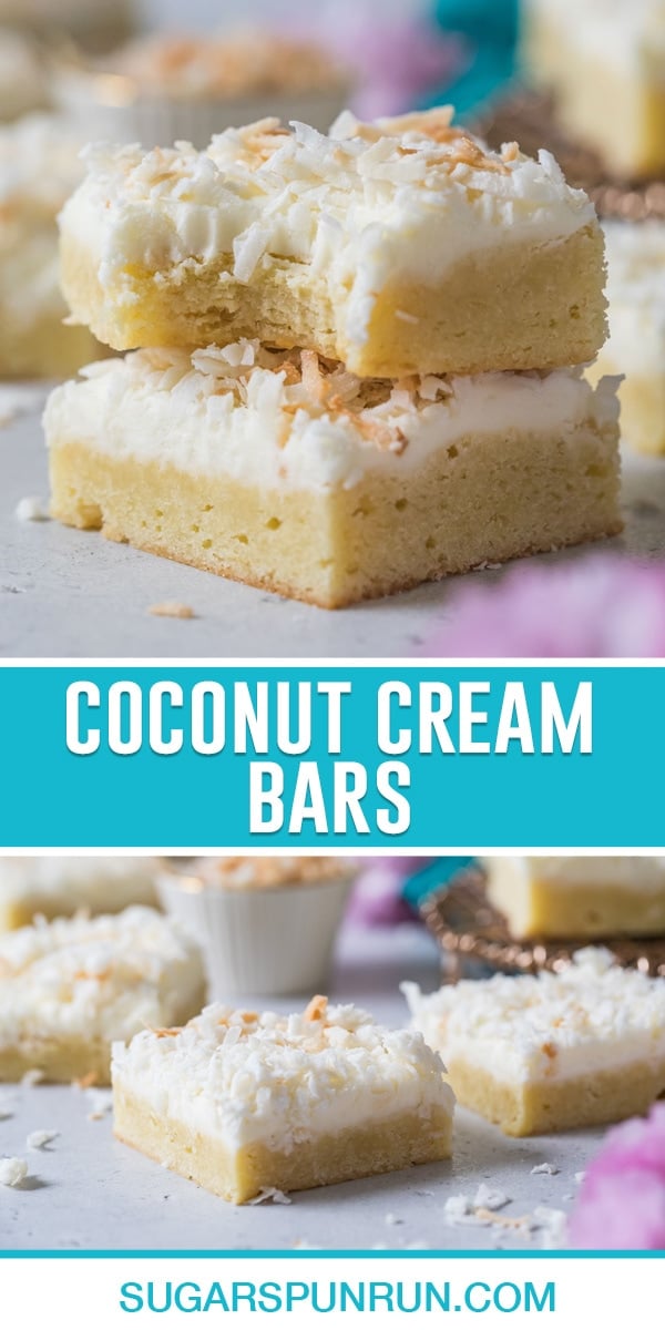 collage of coconut cream bars, top image of two bars stacked, top bar with bite taken out. Bottom image of bars neatly placed on table top