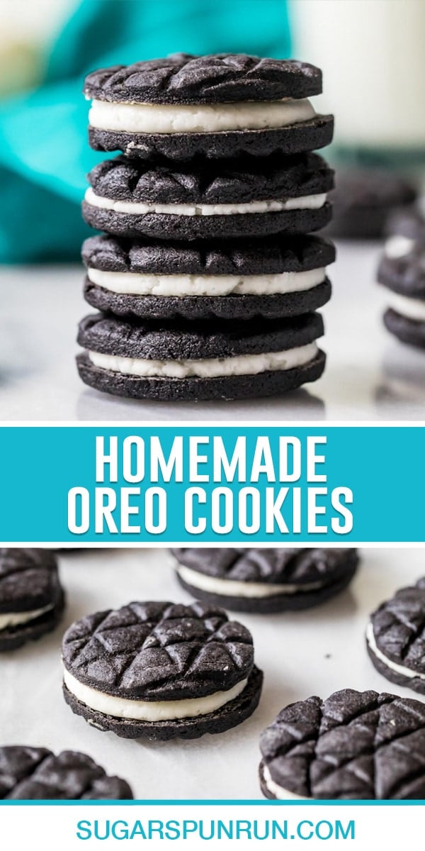 collage of oreo cookies, top image of cookies stacked, bottom images of cookies neatly placed on marble slab spread out