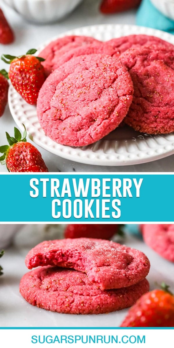 collage of strawberry cookies, top image of white plate with cookies neatly placed, bottom image of two cookies stacked, top cookie bite taken out