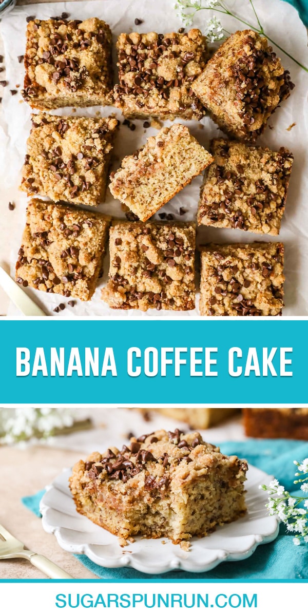 collage of banana coffee cake, top image of cake slices photographed from above neatly placed, bottom image of single slice on white plate