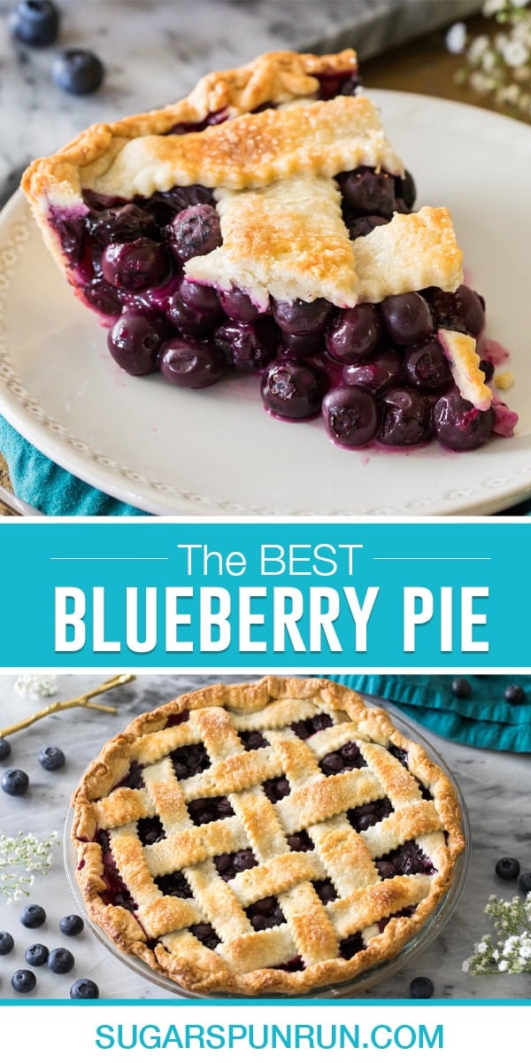 collage of blueberry pie, top image of single slice on white plate, bottom image of full pie baked