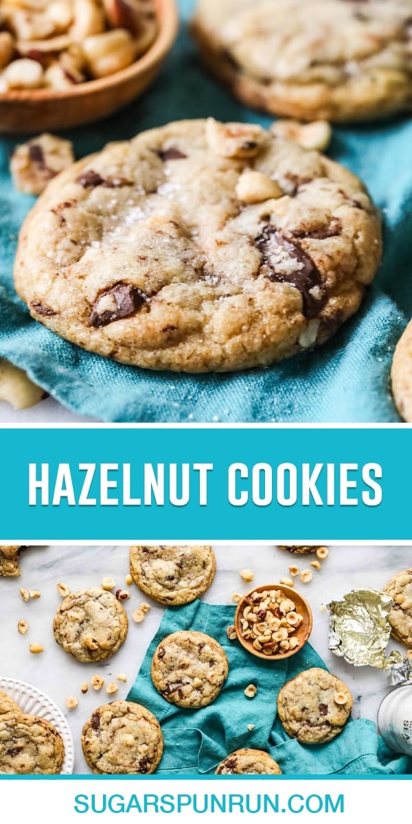 collage of hazelnut cookies, top image of close up single cookie, bottom image of multiple cookies nicely places on marble slab