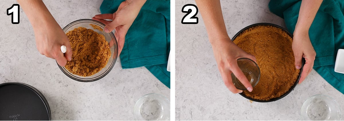 collage showing how to make graham cracker crust 1) mixing crumbs 2) pressing in pan