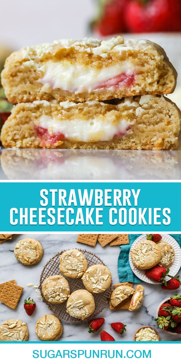 collage showing image for thick strawberry cheesecake cut in half on top and overhead of cookies beneath.