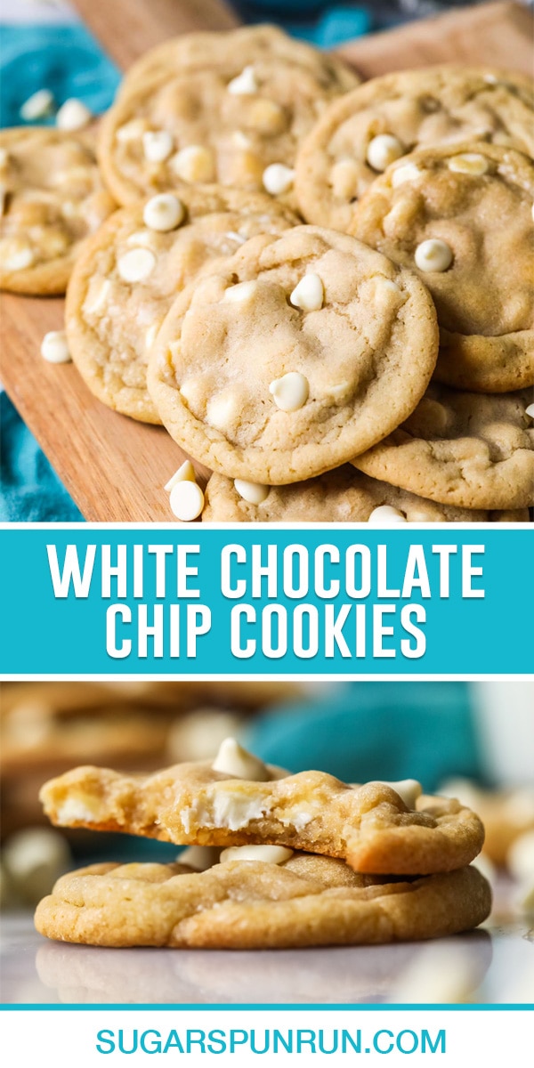 collage of white chocolate chip cookies, top image of multiple cookies on wood slab photographed from above, bottom image of two cookies stacked
