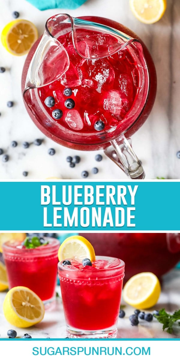 collage of blueberry lemonade, top image of full picture photographed from above, bottom image of two full glasses