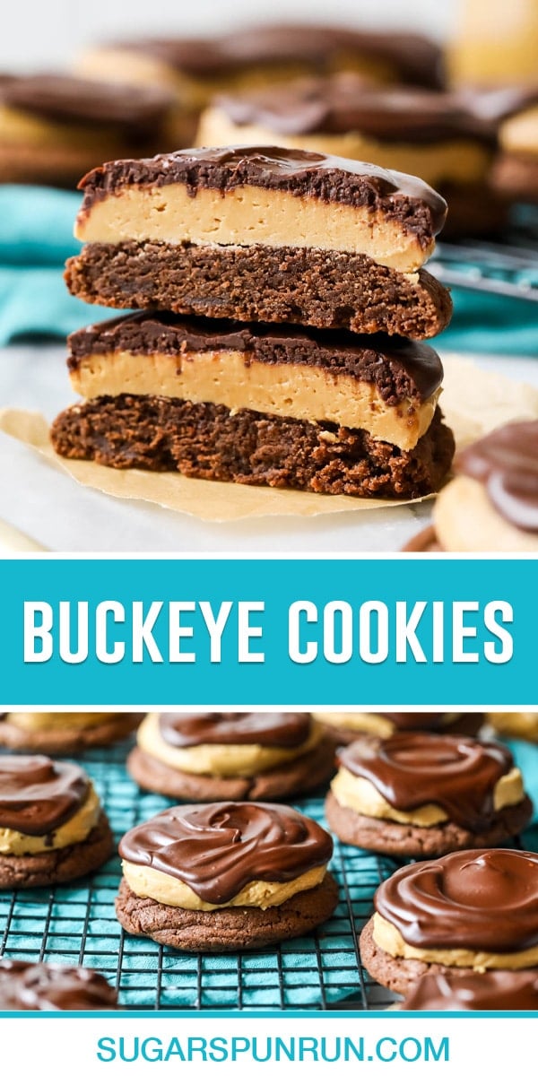 collage of buckeye cookies, top image of cookies cut in half stacked, bottom image of cookies on cookie rack evenly placed