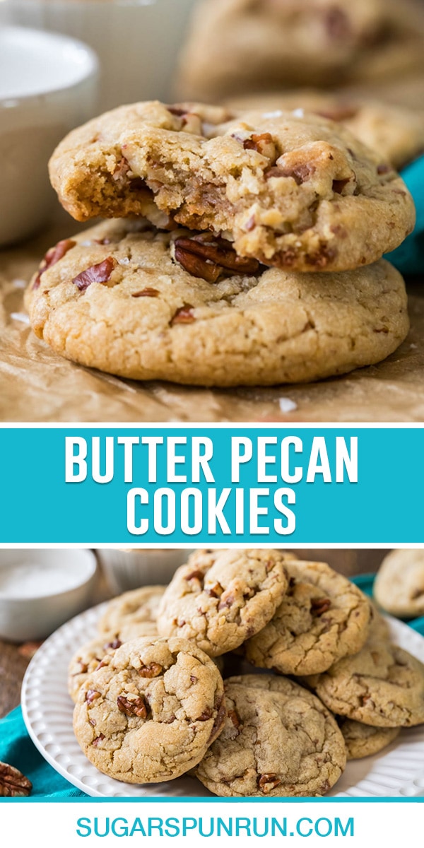 collage of butter pecan cookies, top image of two cookies stacked, top image bite taken out. bottom image of cookies on white plate