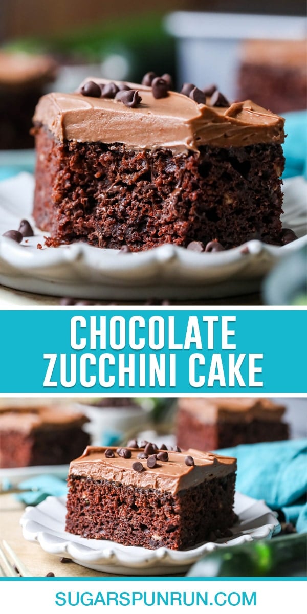 collage of chocolate zucchini cake, top image of slice of cake with bite taken, bottom image of slice on white plate
