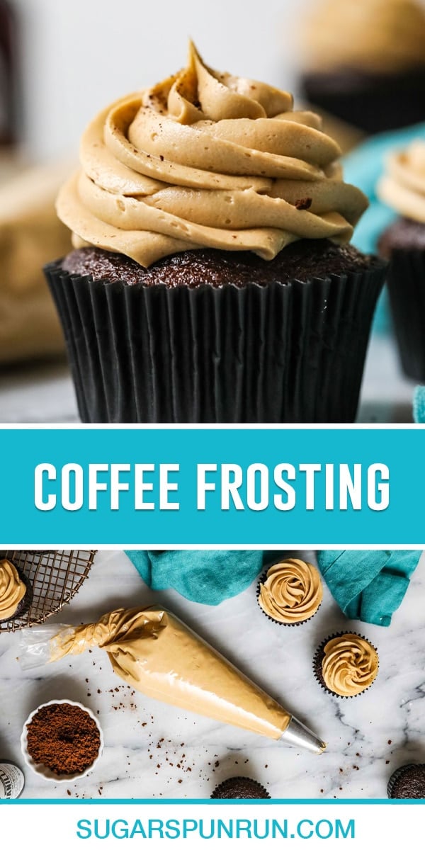 Collage of coffee frosting, top image of frosting on chocolate cupcake photographed close up, bottom image of frosting in piping bag and cupcakes photographed from above