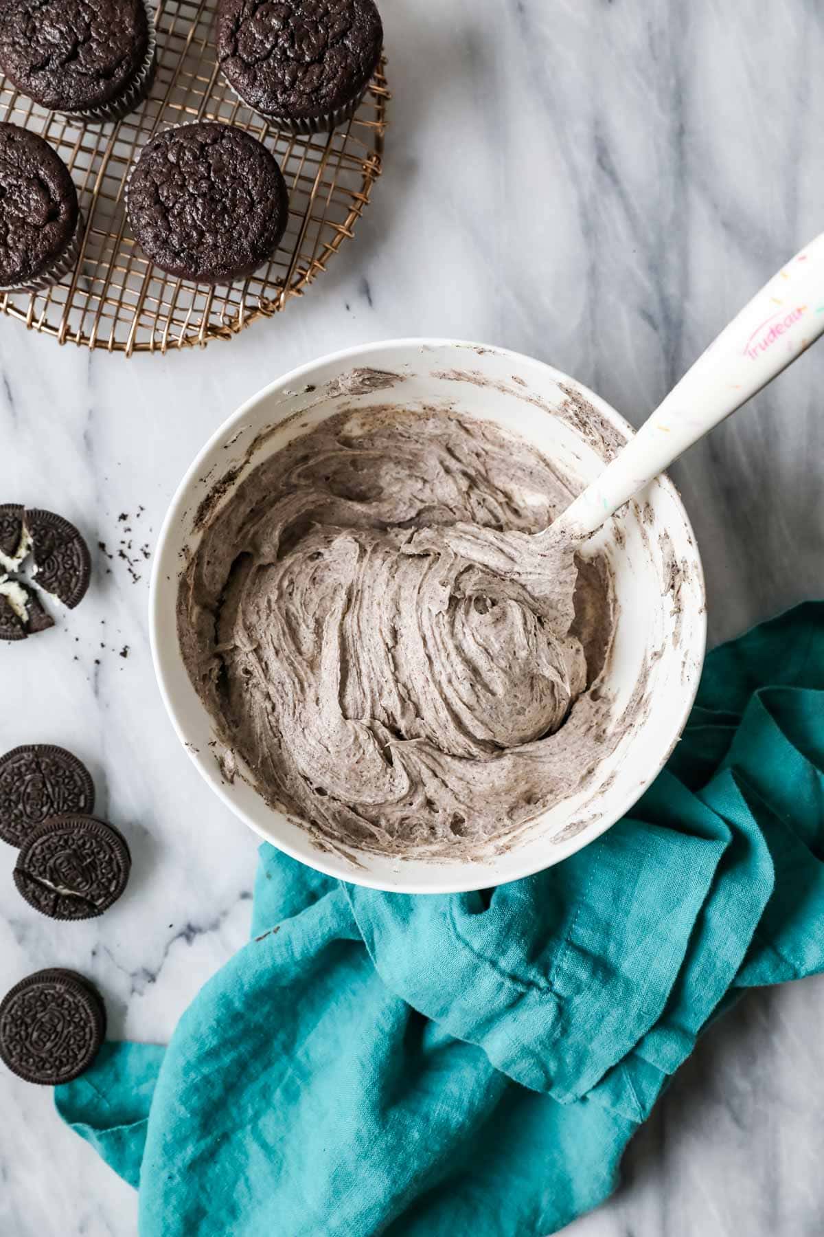 Overhead view of a bowl of Oreo frosting.