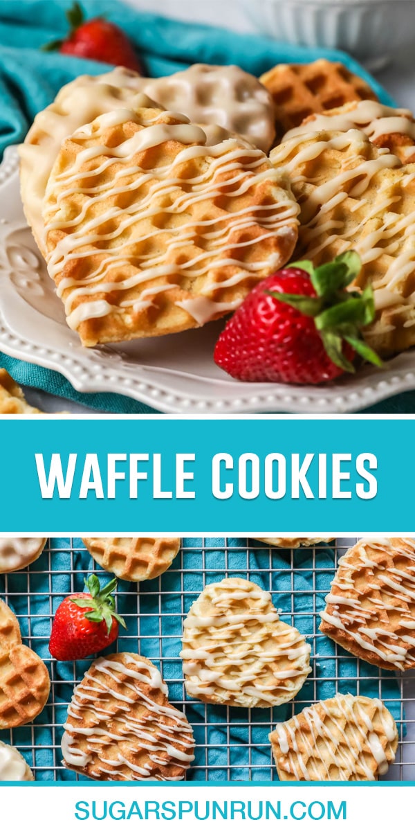 collage of waffle cookies, top image of cookies on white plate, bottom image of cookies on cooling rack photographed from above