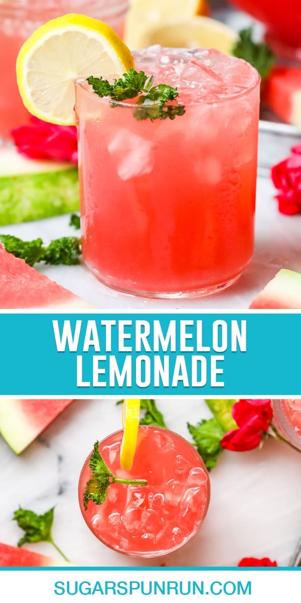 collage of watermelon lemonade, top image of single class of lemonade with lemon slice, bottom image photographed from above