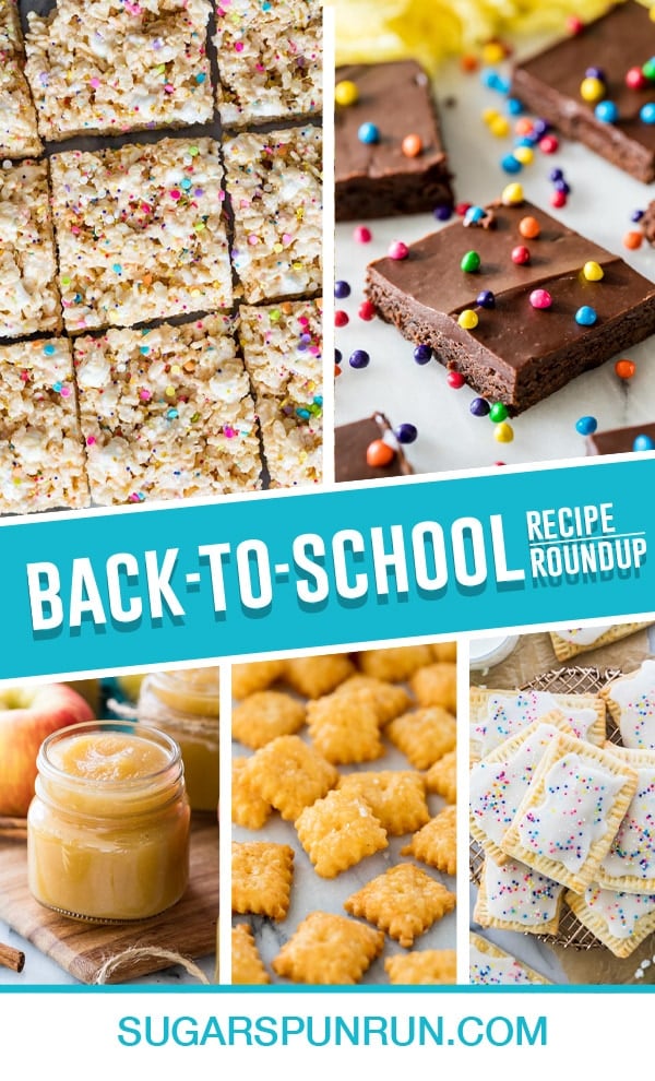 pin design for back to school snacks, collage contains rice krispie treats, cosmic brownies, applesauce, crackers, pop tarts
