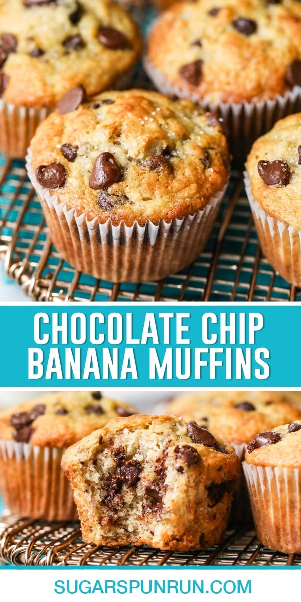 collage of chocolate chip banana muffins, top image is close up of multiple muffins, bottom image is a close up of muffin with bite taken out