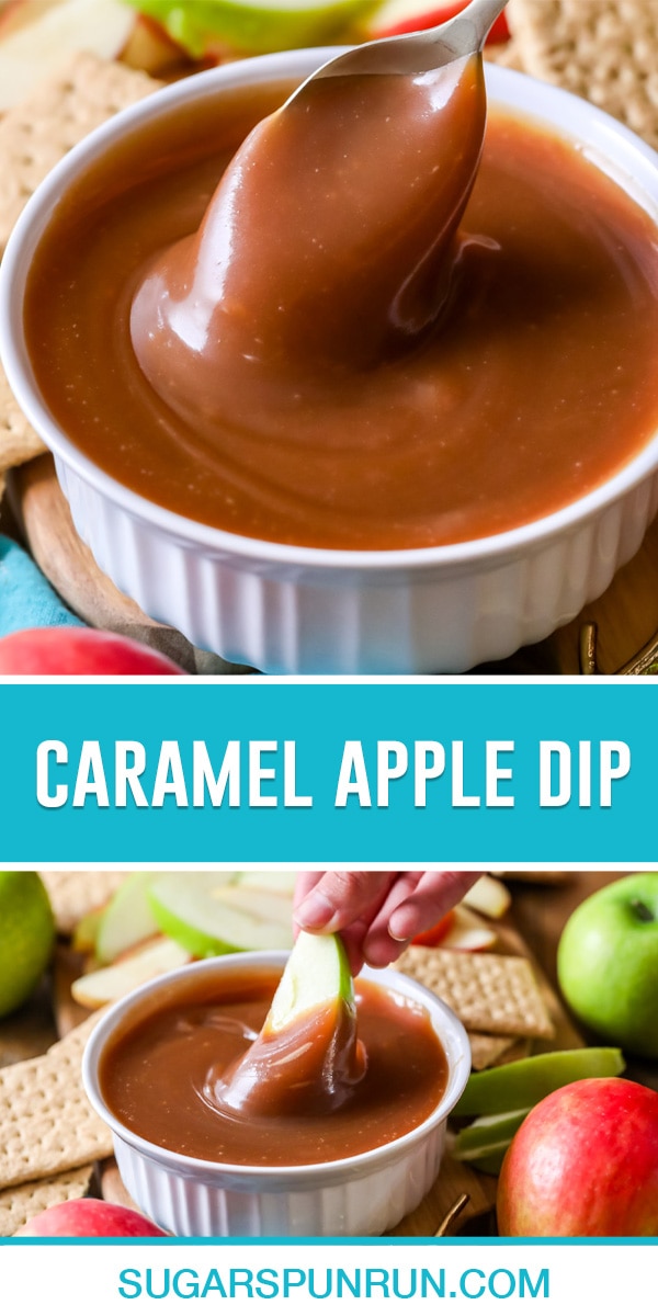 collage of caramel apple dip, top image of close up of caramel dip with spoon dipped in, bottom image of caramel dip photographed further away with apple dipped in