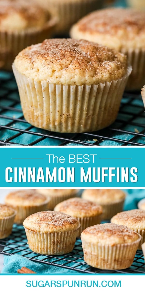 collage of cinnamon muffins, top image is close up of single muffin, bottom image of multiple muffins on cooling rack