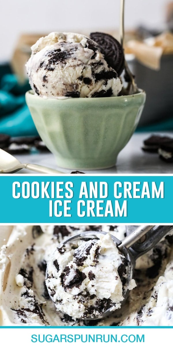 collage of cookies and cream ice cream, top image of ice cream served in green bowl, bottom image close up of ice cream