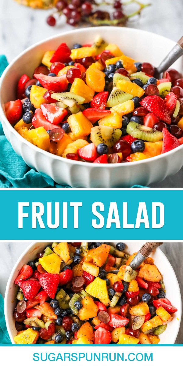 collage showing 2 photos of fruit salad