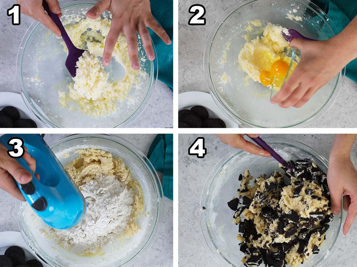 Collage of four photos showing a cookie dough being prepared and combined with crushed Oreo cookies.