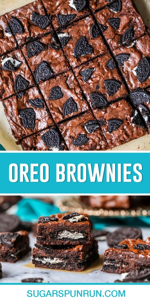 collage of oreo brownies, top image of full pan slicedphotographed from above, bottom image of two brownies stacked