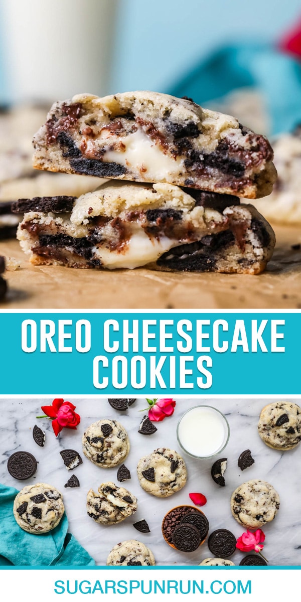 collage showing 2 photos of oreo cheesecake cookies, top image of cookies stacked showing cookie center, bottom image of photographed above of multiple cookies neatly placed on marble slab