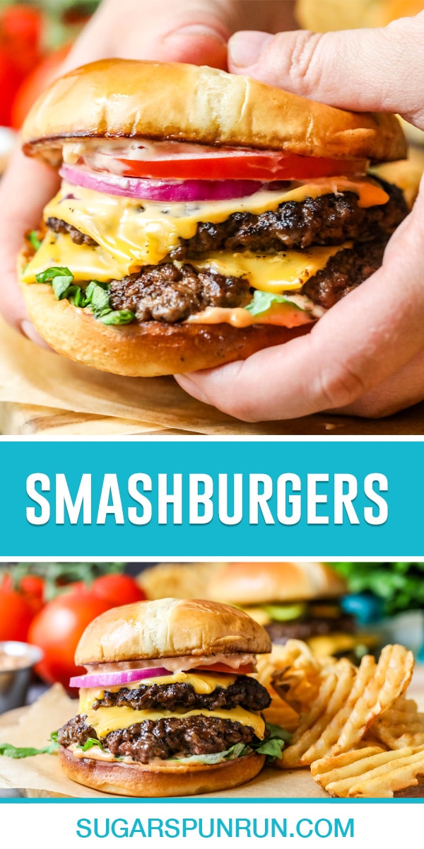 collage of smashburgers, top image close of burger in hands, bottom image of burger on plate with waffle fries