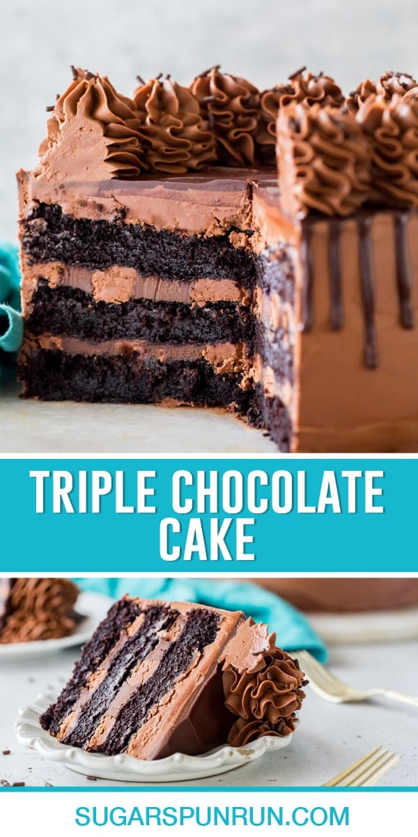 collage triple chocolate cake, top image of full cake cut, bottom image of single slice of cake on white plate