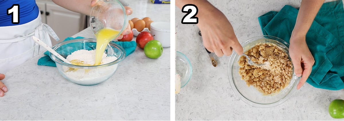 Two photos showing streusel being prepared.