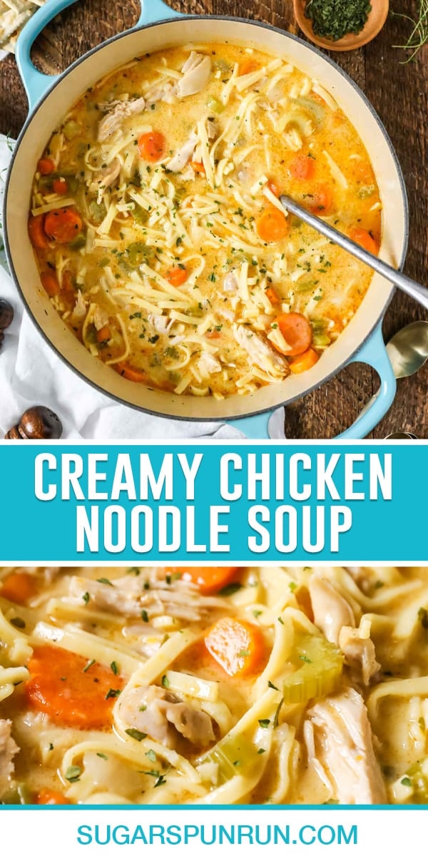 collage of creamy chicken noodle soup, top image photographed from above of soup in dutch oven, bottom image close up of soup itself