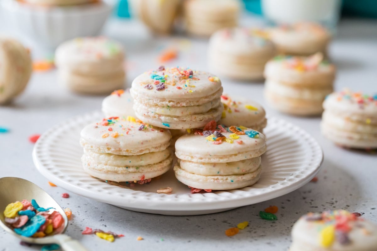 Plate of fruity pebbles macarons.