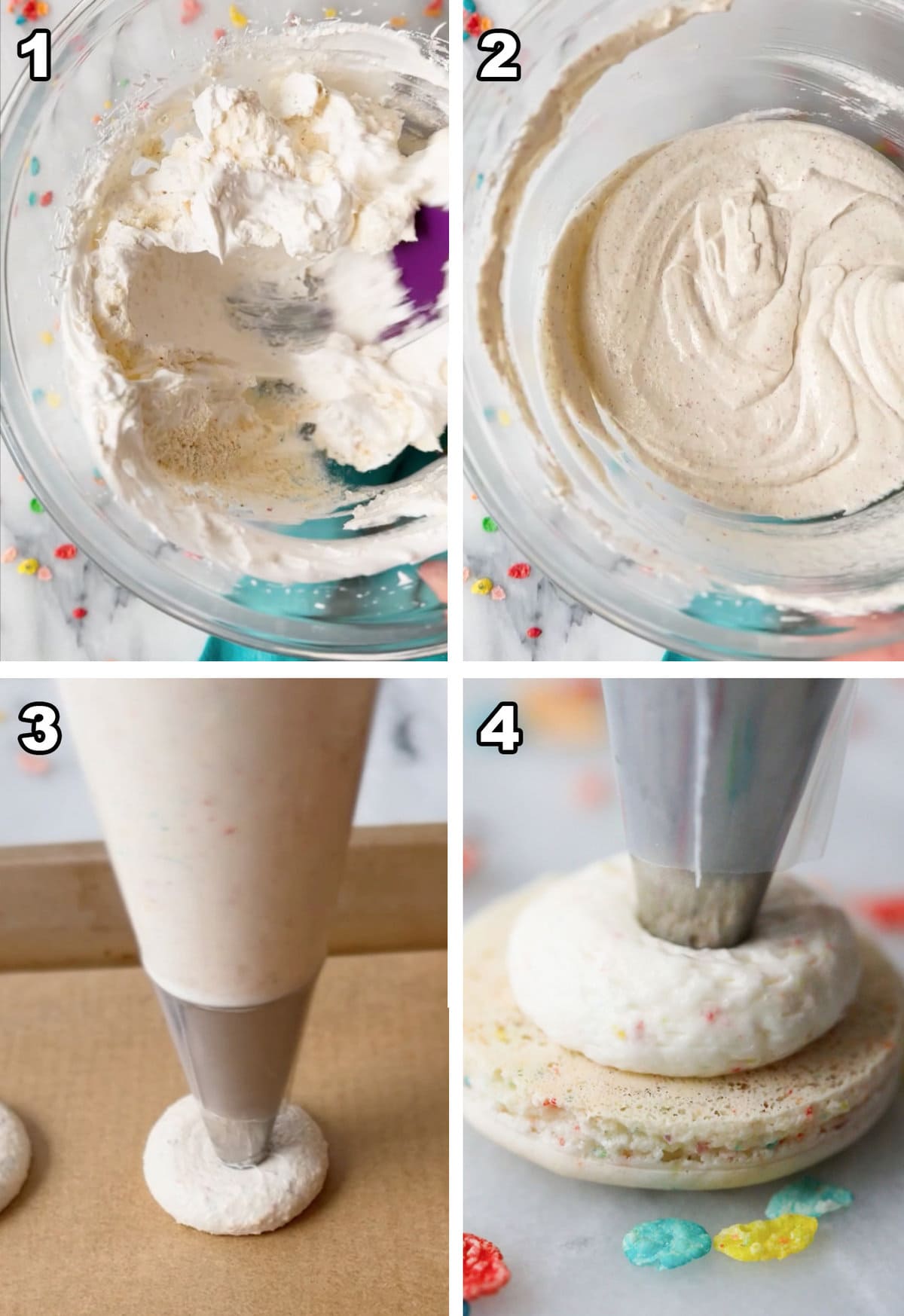 fruity pebbles macarons, Macaronage/finishing images of Adding almond flour/folding it in Once almond flour combined, Piping straight down on baking sheet, Filling with frosting