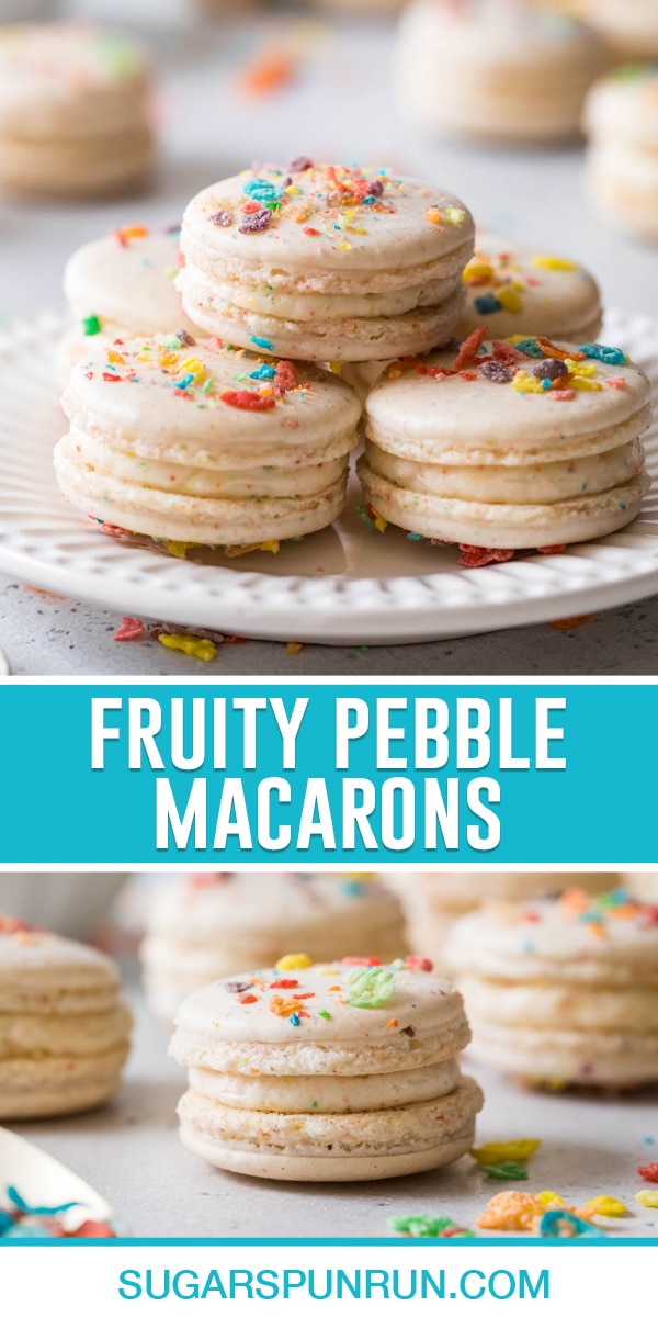 collage of fruity pebble macarons, top image of multiple stacked on white plate, bottom close up of single macaron