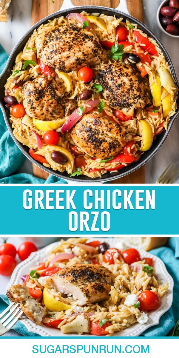 collage of greek chicken orzo, top image photographed from above of chicken and orzo in pan, bottom image is single serving on white plate