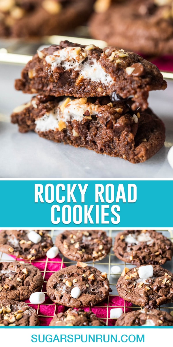 collage of rocky road cookies, top image close up of cookie split showing inside of cookies, bottom image of cookies cooling on rack