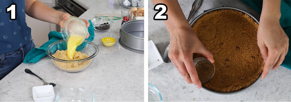 Two photos showing a pecan cheesecake crust being prepared and pressed into a springform pan.