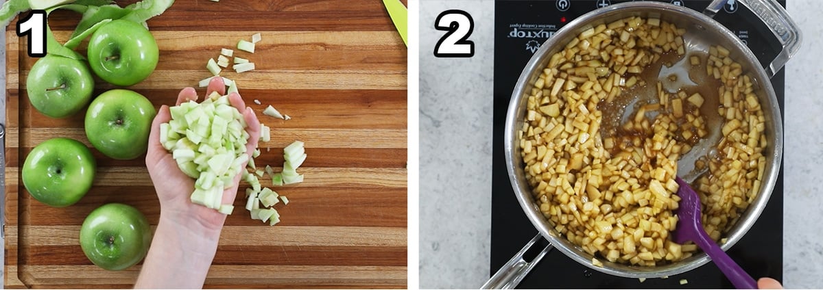 Two photos showing apple pie filling being prepared for a cheesecake.