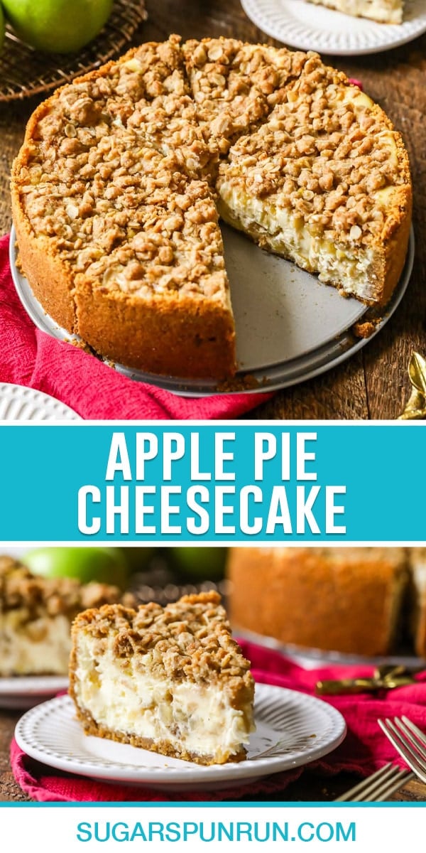 collage of apple pie cheesecake, top image of full cheesecake with slice missing, bottom image of single slice of cheesecake on white dish