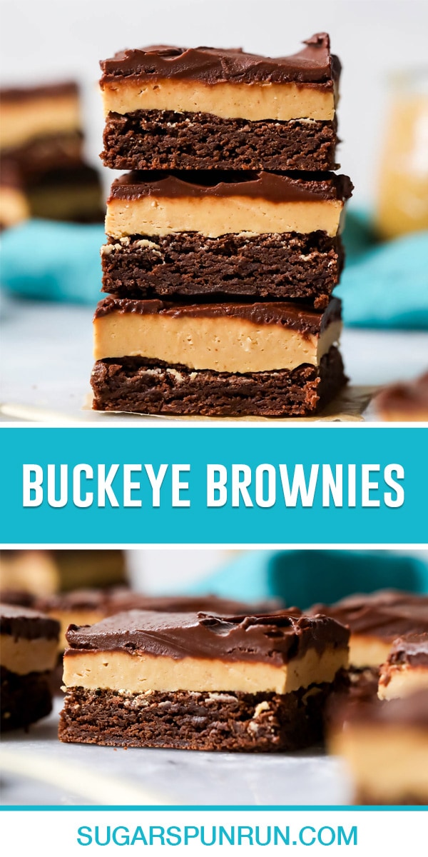 collage of buckeye brownies, top image of three brownies stacked, bottom image of single brownie
