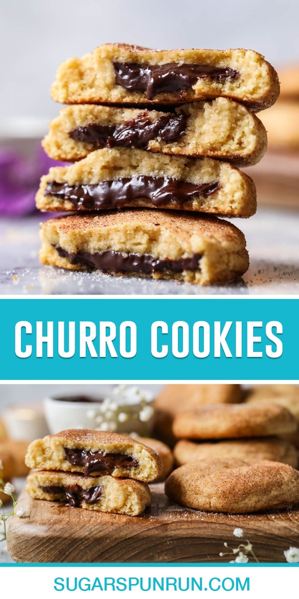 collage of churro cookies, top image of cookies stacked broken in half to see center, bottom iamge of three cookies, two stacked cut in half stacked, one not opened up